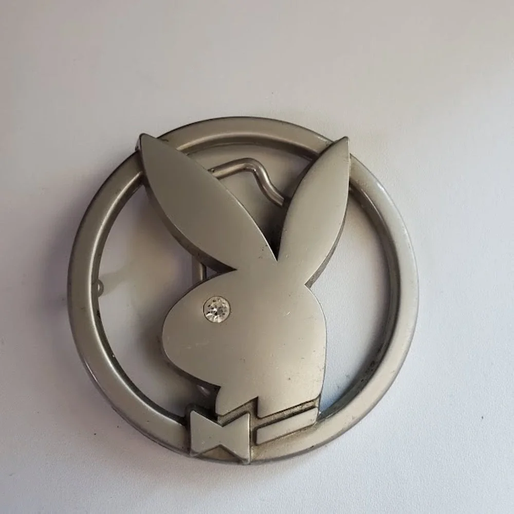 PLAYBOY Bunny Logo Rhinestone Silver Tone Round Belt Buckle Vintage Unisex